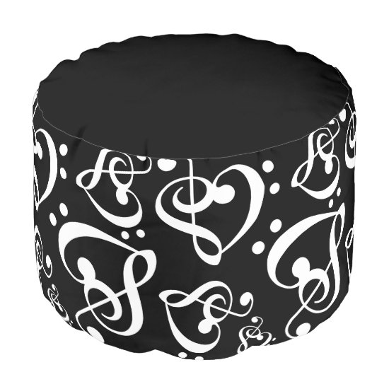 Black N White Music Notes Bass Treble Clef Hearts Pouf