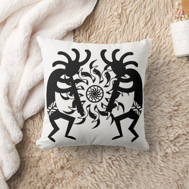 Black N White Southwest Tribal Sun Aztec Kokopelli Throw Pillow (Blanket)