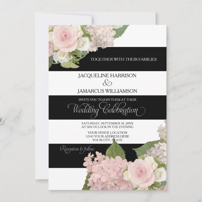 Black n White Striped w Pink Hydrangeas Wedding Invitation (Front)