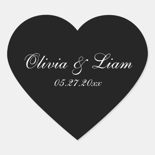 Black Name Date Modern Wedding Heart Sticker (Front)