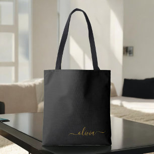 Black Name Gold Girly Script Monogram Modern Tote Bag