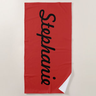 Black Name or Monogram on Red Beach Towel