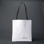 Black Name White Girly Script Monogram Modern Tote Bag<br><div class="desc">Black and White Elegant Add Your Own Name Monogram Book Bag. This Book Bag can be customized to include your initial and first name and given as a gift for Christmas,  Sweet 16 Birthday,  Bridal Shower or a Wedding.</div>