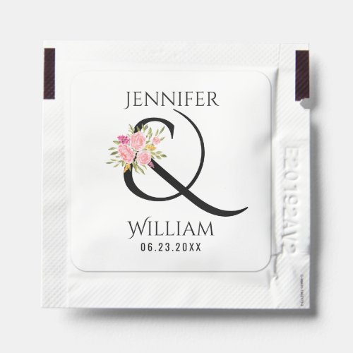 Black names ampersand and pink roses wedding hand sanitizer packet