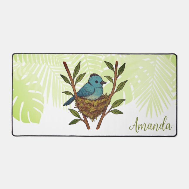 Black-Naped Monarch Nestled Among the Leaves Desk Mat (Front)