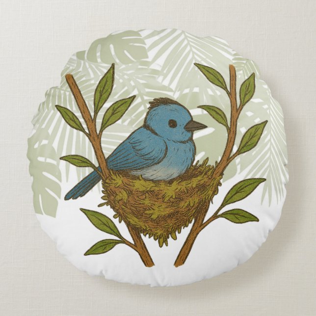 Black-Naped Monarch Nestled Among the Leaves Round Pillow (Front)