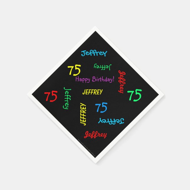 Black Napkins, 75th Birthday Party Repeating Names Napkins (Corner)