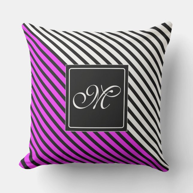 Black Narrow Stripes + your back-color & monogram Throw Pillow (Front)