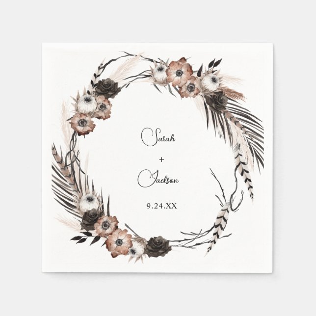 Black & Natural Floral Boho Name V2 Napkins (Front)