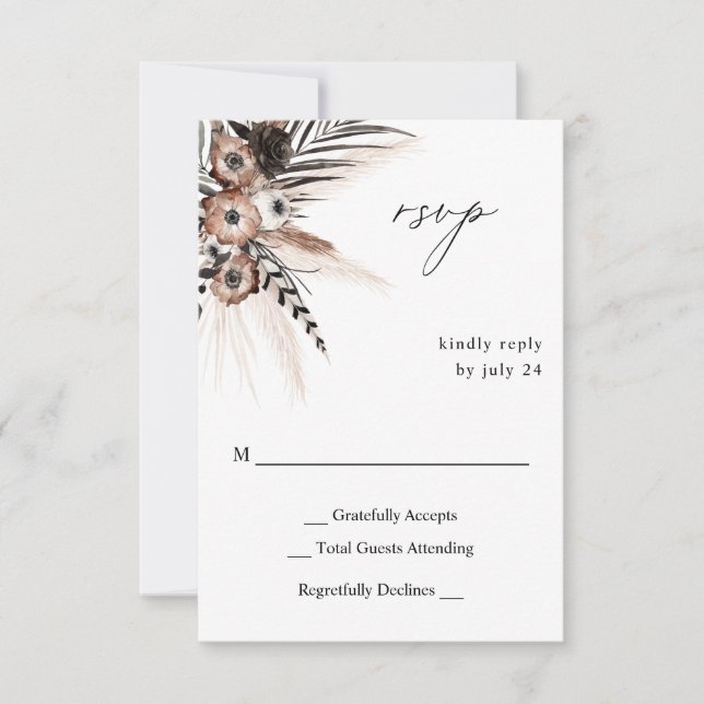 Black & Natural Floral Boho no Meal RSVP 2 Card (Front)