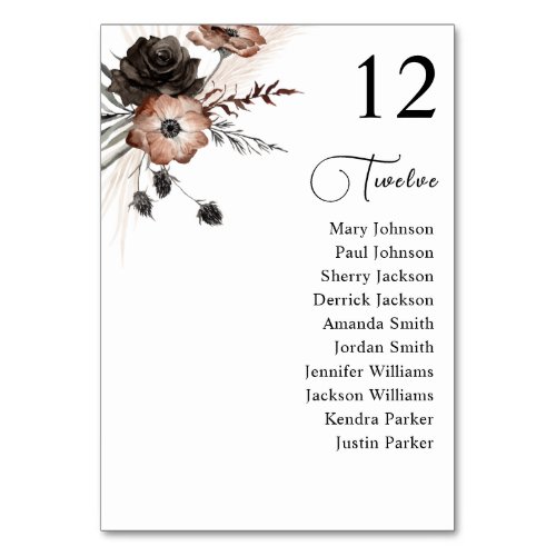 Black  Natural Floral Boho Table Seating Chart Table Number