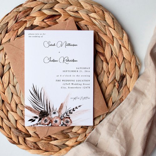 Black  Natural Floral Boho Wedding Invitation