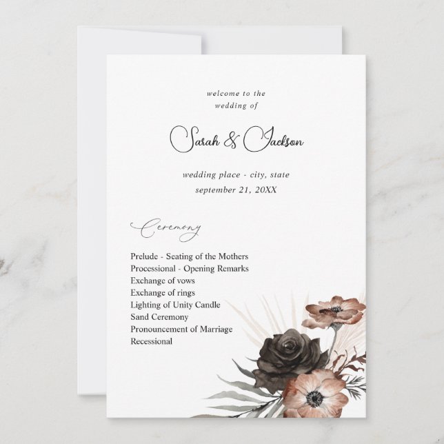 Black & Natural Floral Boho Wedding Program 2 (Front)