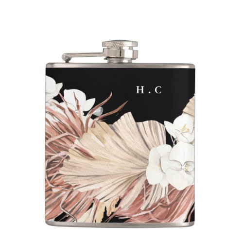 Black Natural Pampas Grass Floral Groomsmen Flask