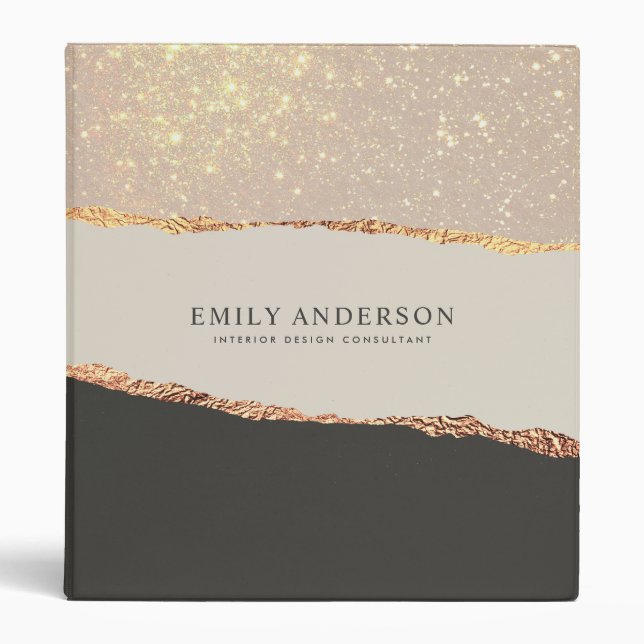 black natural pink glitter gold modern elegant  3 ring binder (Front)