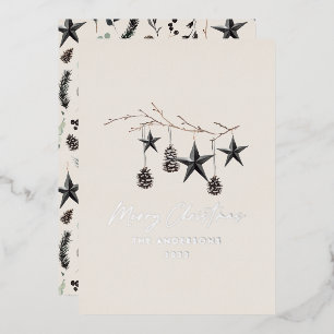 Black natural scandi modern botanical foil holiday card