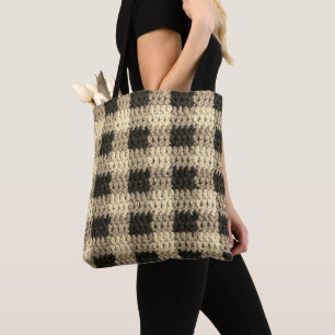 Black Natural Shades Plaid Artisan Crochet Print Tote Bag