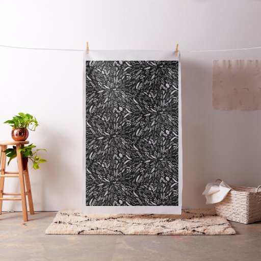 Black Nature Inspired Ferns and Leaves Pattern Fabric
