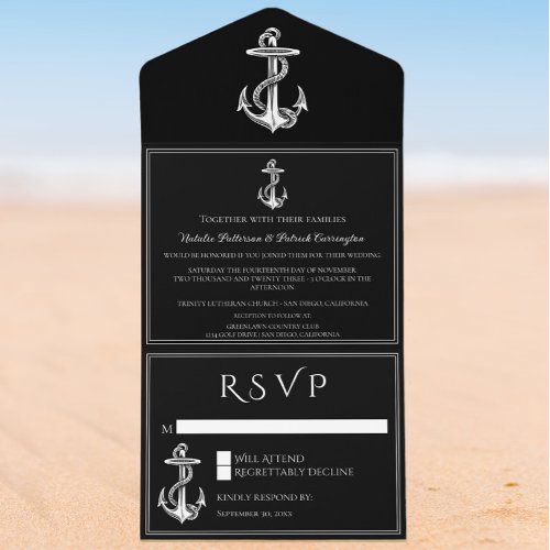 Black Nautical Anchor All in One Wedding Invite