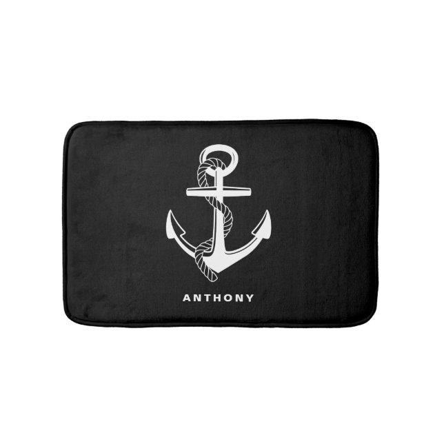 Black Nautical Anchor Personalized Bath Mat (Front)