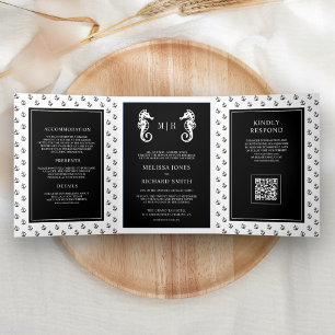 Black Nautical Anchor Seahorse QR Code Wedding Tri-Fold Invitation