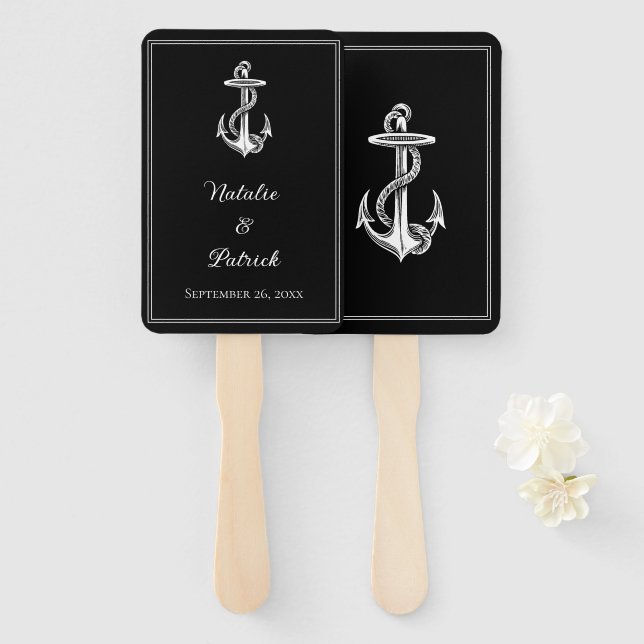 Black Nautical Anchor Wedding Hand Fans (Front and Back)