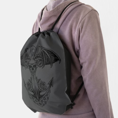 Black Nautical boat anchor with skull and flowers Drawstring Bag