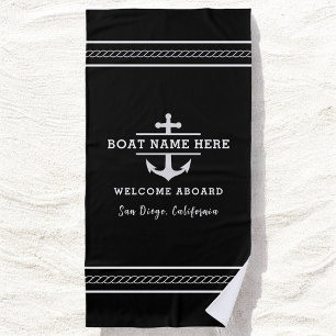 Black Nautical Boat Name Welcome Aboard Anchor Beach Towel