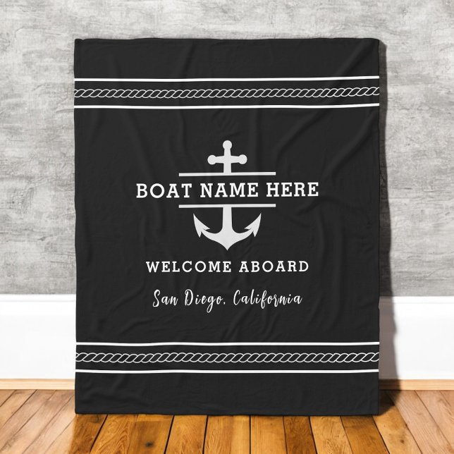 Black Nautical Boat Name Welcome Aboard Anchor  Fleece Blanket (Creator Uploaded)