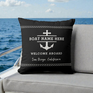 Black Nautical Boat Name Welcome Aboard Anchor Throw Pillow