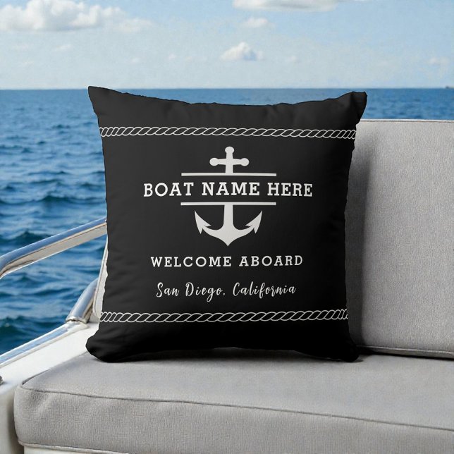Black Nautical Boat Name Welcome Aboard Anchor  Throw Pillow (Creator Uploaded)