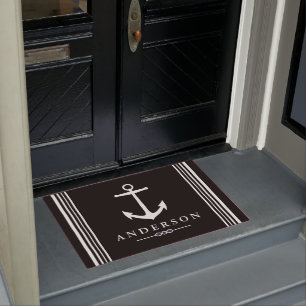 Black Nautical Elegant White Anchor Personalized Doormat