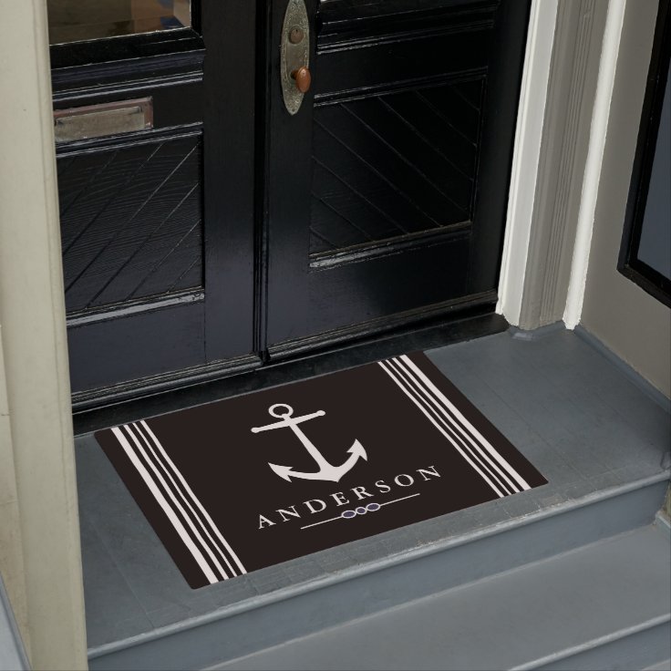 Black Nautical Elegant White Anchor | Personalized Doormat | Zazzle