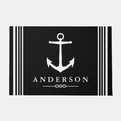 Black Nautical Elegant White Anchor  Personalized Doormat