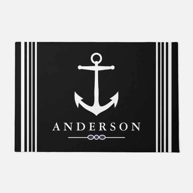 Black Nautical Elegant White Anchor | Personalized Doormat (Front)