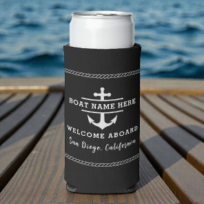Black Nautical Welcome Aboard Boat Name Anchor Seltzer Can Cooler