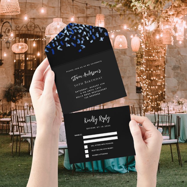 Black navy blue confetti birthday rsvp all in one invitation (Creator Uploaded)