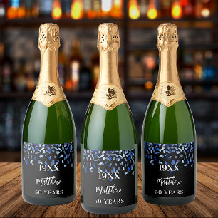 Black navy blue confetti name years birthday guy sparkling wine label