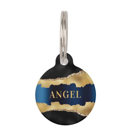 Black navy blue gold agate marble glitter name pet ID tag