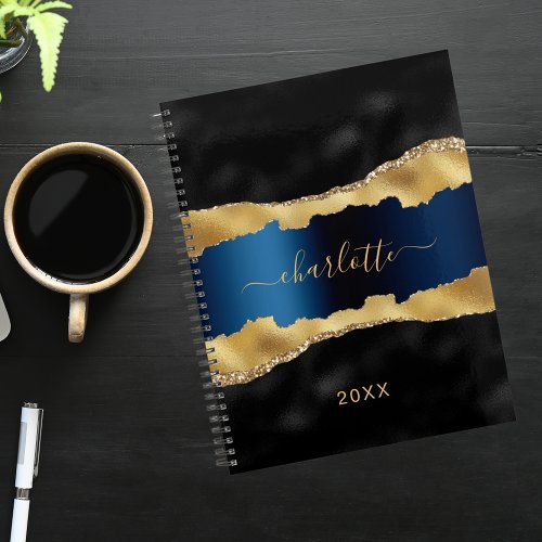 Black navy blue gold agate marble name 2024 planner