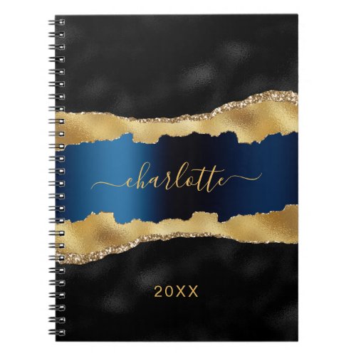 Black navy blue gold agate marble name script notebook