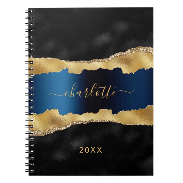 Black navy blue gold agate marble name script notebook (Front)