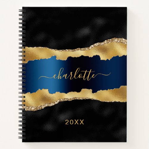 Black navy blue gold agate marble name script notebook