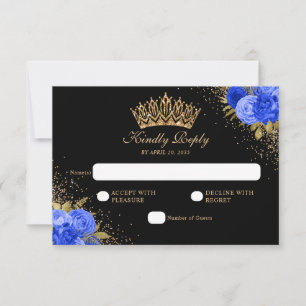 Black Navy Blue Gold Glitter Floral Quinceanera RSVP Card