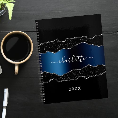 Black navy blue silver agate marble name 2024 planner