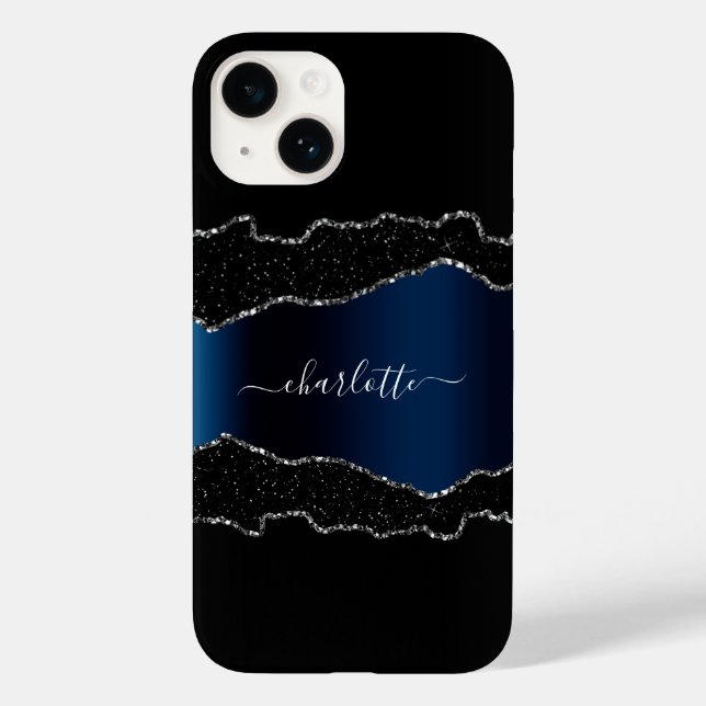 Black navy blue silver agate marble name script  Case-Mate iPhone case (Back)