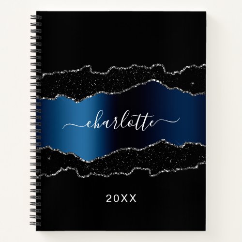 Black navy blue silver agate marble name script notebook