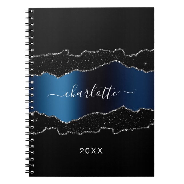 Black navy blue silver agate marble name script notebook (Front)