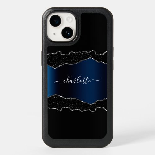 Black navy blue silver agate marble name script OtterBox iPhone 14 case