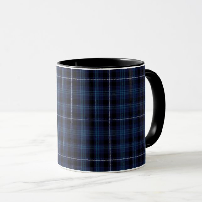 Black Navy Blue White Small Tartan Plaid Mug (Front Right)